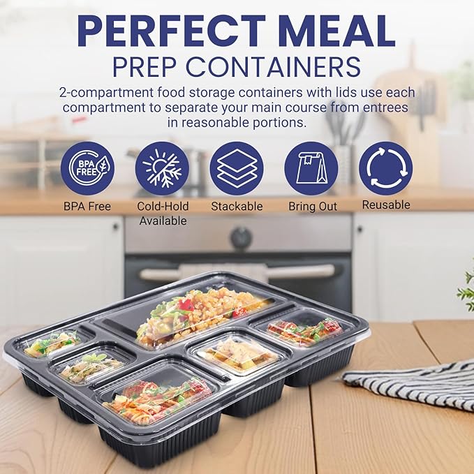 Rectangular Black Container - 6 portions (Pack of 10)